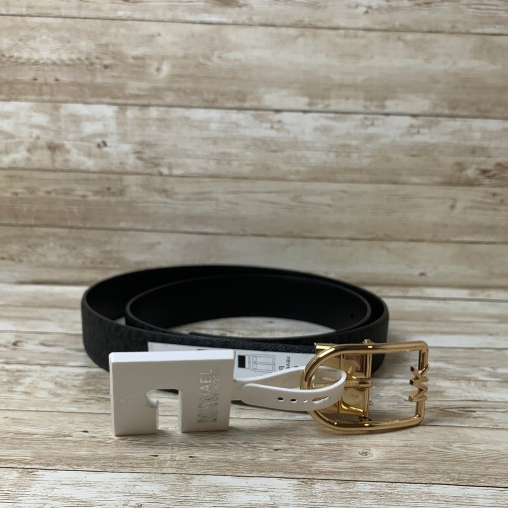 Michael Kors Womens Reversible Belt Black Signature Monogram Gold Buckle XL NEW - Picture 2 of 6